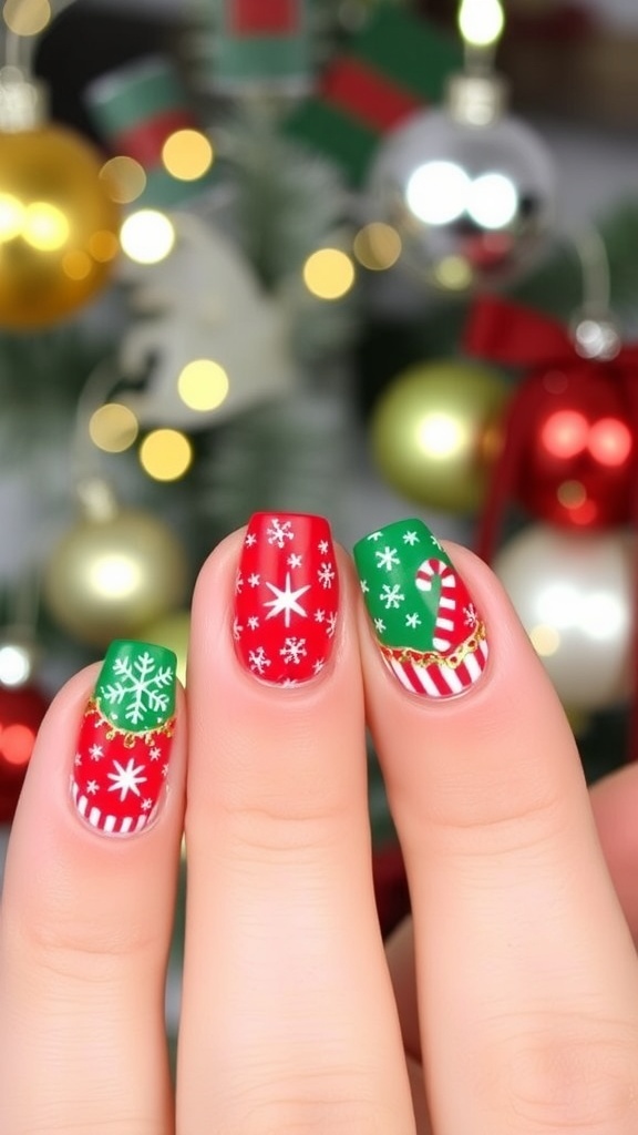 Short acrylic nails for kids with Christmas designs in red and green, featuring snowflakes and candy canes.